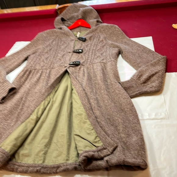 Free People brown Princess Toggle CableKnit Lambswool nylon Sweater Coat jacket - Picture 8 of 16